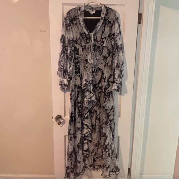 Unique Vintage Black & White Sheer Horse Print Maxi Flowy Dress L - Picture 4 of 9